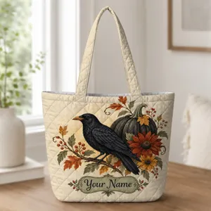 Crow And Pumpkin Autumn Botanicals For Halloween Gifting And Fall Outings Quilted Tote Bag