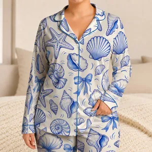 Blue Conch Starfish Bow Motifs for Coastal Lounging and Relaxed Beach Days for Children Satin Pajamas Set