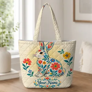 Mexican Folk Art Easter Bunny with Colorful Blooms for Springtime Gifting Celebrations Quilted Tote Bag
