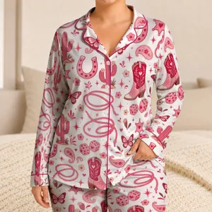 Pink Rodeo Boots Horseshoes And Cacti For Cozy Western Nights Girls Birthday Gift Satin Pajamas Set