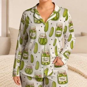 Pickle Jar And Cucumber Sleep Set For Cozy Family Lounging And Vacation Getaways Satin Pajamas Set