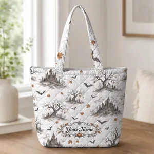 Halloween Bats, Haunted Castle and Autumn Trees for Spooky Season Gifts and Fall Gatherings Quilted Tote Bag