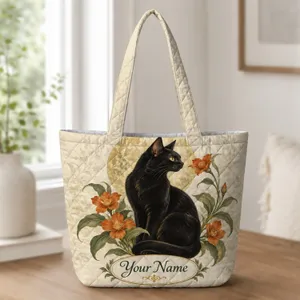Art Nouveau Black Cat Beneath Golden Moon For Autumn Gifting And Cat Lovers Quilted Tote Bag