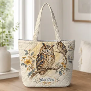 Amber Owl Pair With Golden Botanicals for Cozy Autumn Nature Lovers Quilted Tote Bag