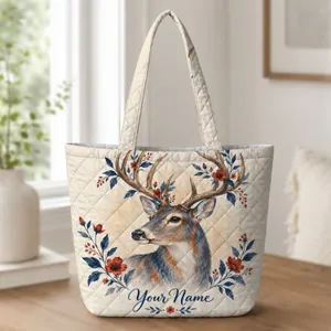 Botanical Deer with Red White Blue Antlers for Nature Lovers and Woodland Outings Quilted Tote Bag