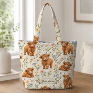 Highland Cow and Wildflowers for Spring Outings and Thoughtful Gifts for Animal Lovers Quilted Tote Bag