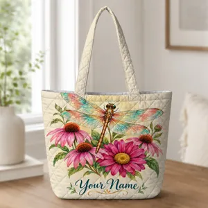Colorful Dragonfly and Flowers for Nature Lovers and Spring Gift Giving Quilted Tote Bag