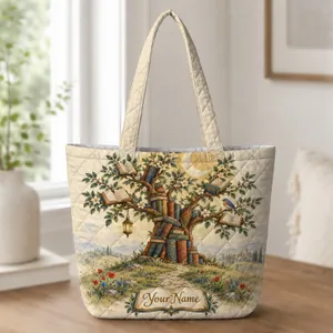 Storybook Tree of Books with Crescent Moon for Readers, Teachers and Students Quilted Tote Bag
