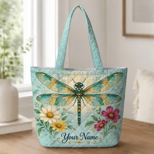 Colorful Dragonfly and Garden Florals for Nature Lovers, Markets, and Spring Days Quilted Tote Bag