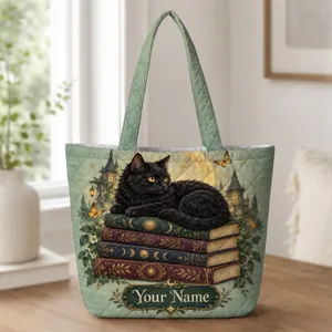 Black Cat Moonlit Books for Cozy Reading Nights and Witchy Gifts for Cat Lovers Women Quilted Tote Bag