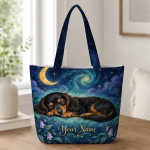 Sleeping Dachshund Under Crescent Moon for Cozy Nights and Dog Lover Gifts Quilted Tote Bag