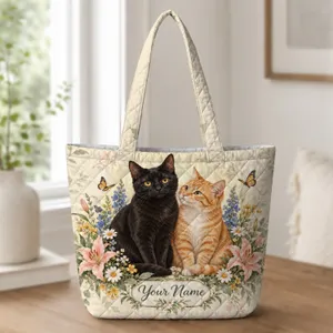 Black Cat And Ginger Tabby With Wildflowers For Cat Lovers And Spring Garden Days Quilted Tote Bag