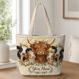Highland Cow and Wildflower Meadow Gift for Farmhouse and Spring Country Living Lovers Quilted Tote Bag
