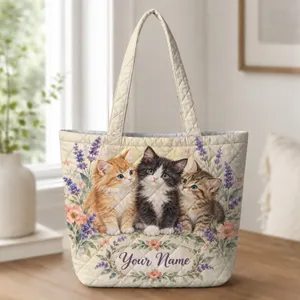 Three Garden Kittens Among Blossoms for Springtime Outings and Cat Lover Gifts for Women Quilted Tote Bag