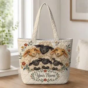 Sheep and Lamb Family with Wildflowers for Farmhouse Living and Ewe Lover Gifts Quilted Tote Bag