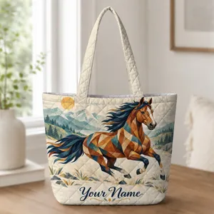 Galloping Patchwork Horse for Mountain Birthday Celebrations and Equestrian Women Quilted Tote Bag