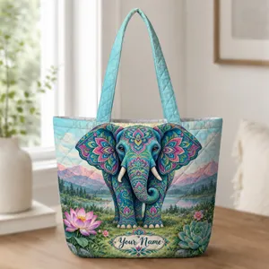 Mandala Elephant and Lotus Blooms for Nature-Loving Women and Relaxed Everyday Outings Quilted Tote Bag