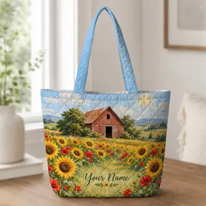 Sunflower Poppy Barn Meadow for Countryside Days and Garden Lovers Seeking Rustic Charm Quilted Tote Bag