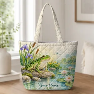 Playful Green Frog Pond Scene for Nature Lovers and Garden-Inspired Everyday Style Quilted Tote Bag