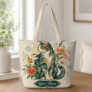 Mosaic Cat and Garden Flowers Gift for Cat Lovers and Nature-Inspired Style Quilted Tote Bag