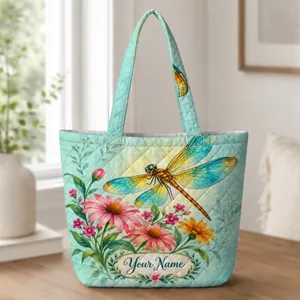 Colorful Dragonfly Wildflower Garden for Spring Gifting and Nature Lovers Gift Quilted Tote Bag