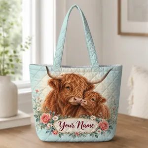 Highland Cow and Calf Wildflower Meadow for Anniversary Gifts for Animal Lovers Quilted Tote Bag