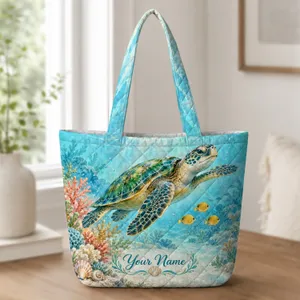 Sea Turtle Coral Reef Scene for Summer Beach Days and Coastal Gifts for Ocean Lovers Quilted Tote Bag