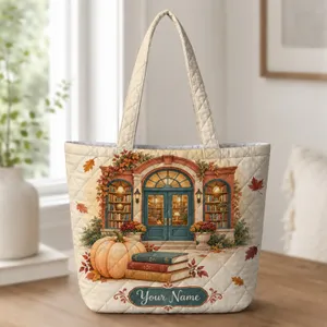 Autumn Library Books and Pumpkin for Cozy Fall Reading, Thanksgiving Teacher Gift for Her Quilted Tote Bag