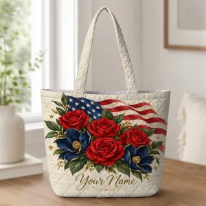 Red Rose and Navy Starry Stripes for Fourth of July Celebrations and Gifts for Women Quilted Tote Bag