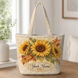 Golden Sunflowers and Autumn Leaves for Harvest Season Gifts for Her Quilted Tote Bag