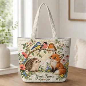 Woodland Birds, Fox and Hedgehog Garden Blooms for Nature Lovers and Bird Fans Gift Quilted Tote Bag