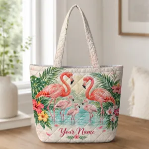 Pink Flamingo Family and Tropical Flowers for Beach Days and Garden Lovers Quilted Tote Bag