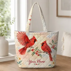Red Cardinal Pair with Berry Branches for Nature Lovers and Garden Gift Giving Year-Round Quilted Tote Bag