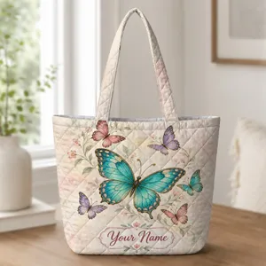 Turquoise Butterfly and Pastel Garden Blooms for Summer Nature Lovers Quilted Tote Bag
