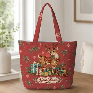 Festive Christmas Reindeer, Wrapped Gifts and Toy Train for Holiday Celebrations Quilted Tote Bag