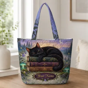Black Cat Curled On Vintage Books For Witchy Cottagecore Readers And Book Lovers Quilted Tote Bag