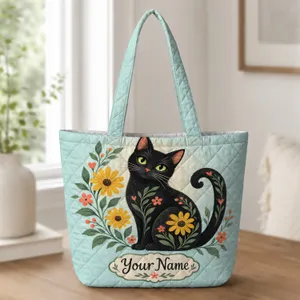 Black Cat and Folk Flowers for Cozy Everyday Carry, Weekend Errands, and Cat Lovers Quilted Tote Bag
