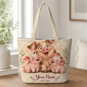 Funny Pig Family with Spotted Parent for Farmhouse Days and Pig Lovers Quilted Tote Bag