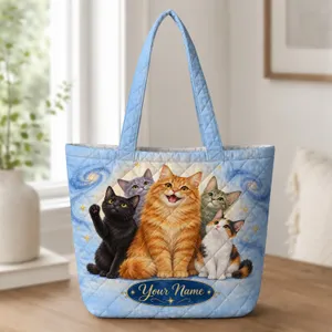 Whimsical Five Cat Galaxy Scene for Cat Lovers and Everyday Cozy Adventures Gift Quilted Tote Bag