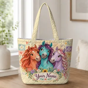 Colorful Trio of Cartoon Horses for Equestrian Lovers and Horse-Themed Gifts Quilted Tote Bag