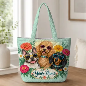 Sunglasses-Wearing French Bulldog, Poodle & Dachshund Among Summer Blooms for Pet Lovers Quilted Tote Bag