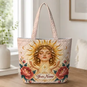 Radiant Sun Goddess With Floral Accents For Mindful Style And Women’s Spiritual Gifts Quilted Tote Bag