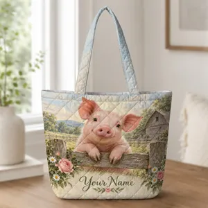 Blush Farm Pig and Country Roses for Cottagecore Farmhouse Gifts and Springtime Living Quilted Tote Bag