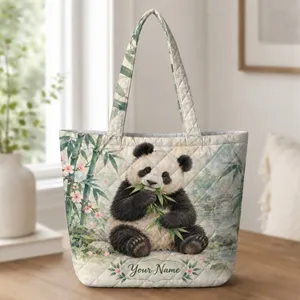 Gentle Panda Among Bamboo and Cherry Blossoms for Nature-Loving Everyday Outings and Gifts Quilted Tote Bag