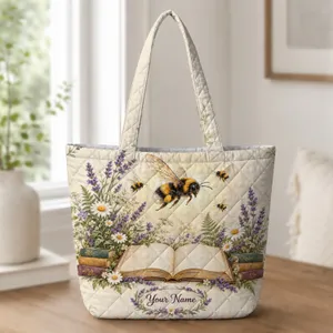 Open Book with Bees and Lavender Wildflowers for Cozy Reading and Library Lovers Quilted Tote Bag