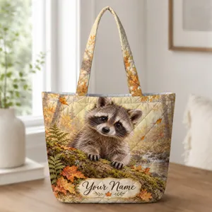 Curious Raccoon in an Autumn Woodland for Cozy Fall Outings and Woodland Nature Lovers Quilted Tote Bag