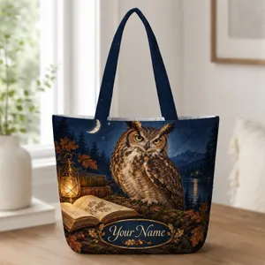 Moonlit Owl, Antique Books and Lantern for Cozy Autumn Reading Nights Quilted Tote Bag
