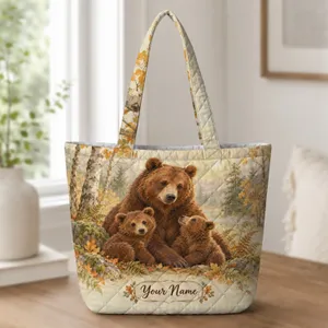 Brown Bear Family in an Autumn Forest for Cozy Fall Outings Quilted Tote Bag