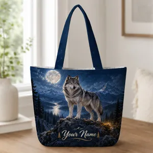 Moonlit Gray Wolf And Alpine Forest Gift For Wildlife Lovers And Outdoor Adventurers Quilted Tote Bag