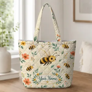 Cartoon Bees and Botanical Blooms for Spring Garden Lovers and Nature Fans Gift Ideas Quilted Tote Bag
